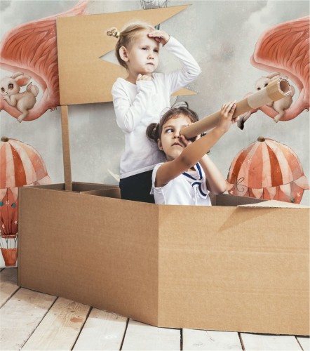 Tapeta bajkowa podróż z króliczkami, flamingami i gwiaździstym niebem na szarym tle - wizualizacja