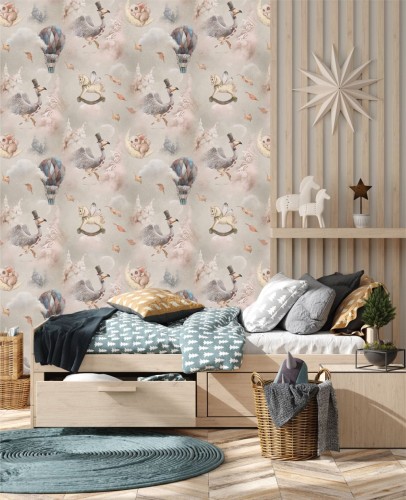 Dziecięca tapeta magiczne flamingi na szarym tle z szarymi flamingami w melonikach pośród śniegu i zabawek - wizualizacja