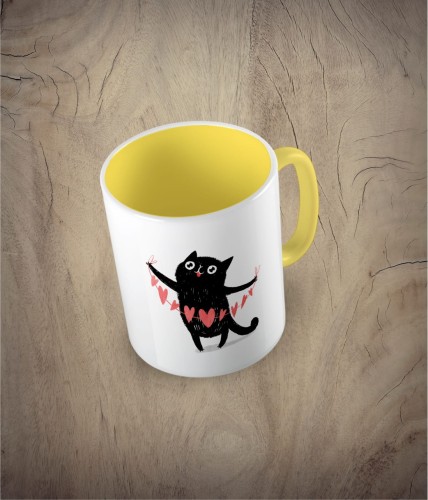 Kubek cat with a heart garland żółty