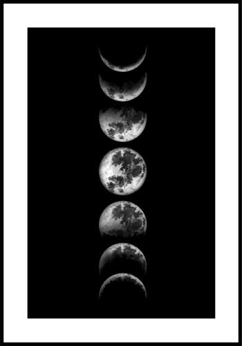 Czarno-białe zdjęcie księżyca przechodzącego różne fazy. Plakat z białą ramką dookoła.