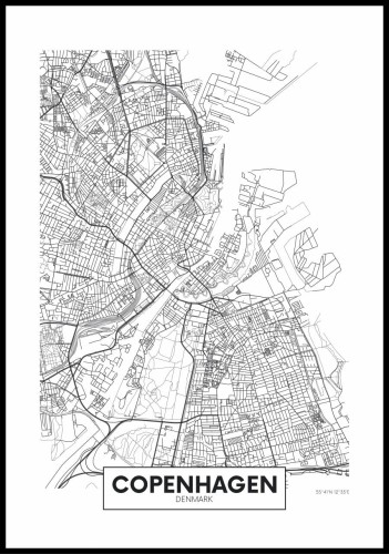 Plakat plan Kopenhagi - czarno-biały plan miasta przedstawiający siatkę ulic stolicy Danii.