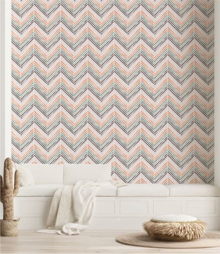 Tapeta zygzak malowany pędzlem - wizualizacja wzoru kolorowej jodełki na ścianie