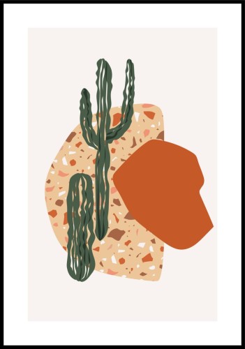 Plakat kaktusy w piasku z białym marginesem dookoła.