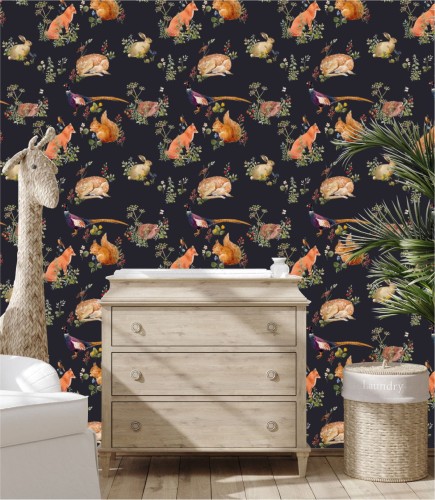 Wizualizacja pokoju z ciemną tapetą dla dzieci zwierzęta leśne i rośliny.