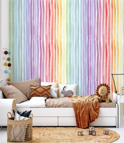 Wizualizacja pokoiku dziecka z wykorzystaniem tapety pastelowa tęcza.