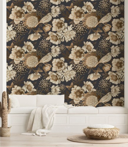 Wizualizacja pokoju z tapetą ptaki i motyle wśród peonii.