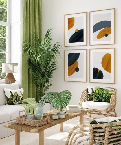 Zestaw graficznych plakatów przedstawiających abstrakcyjną naturę.