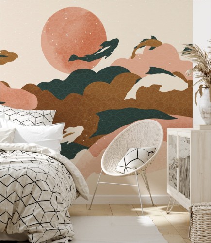 Abstrakcyjna tapeta w ciepłym odcieniu z ozdobnymi karpiami koi.