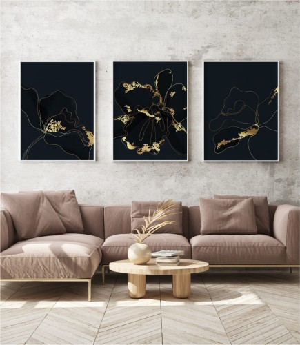 Kolekcja eleganckich plakatów ściennych z zawsze modną czernią i barwą przypominającą złoto.