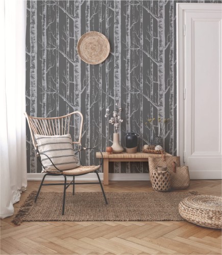 Wizualizacja salonu z tapetą w brzozowy lasek.