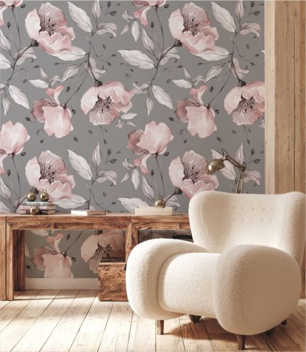 Wizualizacja szarej tapety w kwiatowe różowe róże.