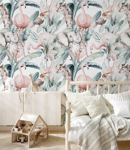 Wizualizacja pokoiku dziecięcego, gdzie ściana została ułożona tapetą Afrykańskie zwierzęta w dżungli.