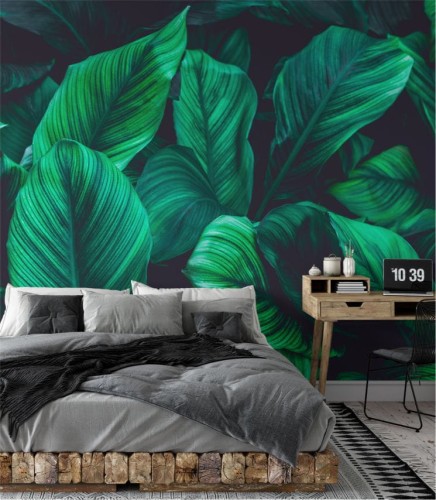 Fototapeta green leaves on dark background została umieszczona na ścianie w sypialni.