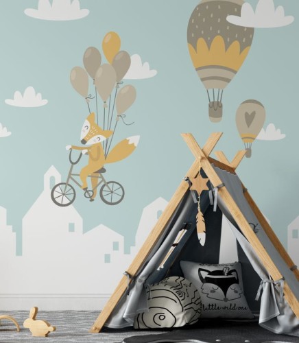 Fototapeta  balony nad miastem, idealne rozwiązanie do pokoju małych dzieci. Przytulna i klimatyczna grafika ze zwierzątkami unoszącymi się nad miastem wprowadzi ciepło do wnętrza.