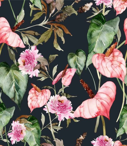 Próbka tapety anturium i liście piwonii na ciemnym tle