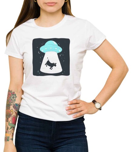 Biała koszulka damska z latającą krową i statkiem kosmicznym UFO
