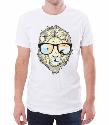 Biała koszulka męska - lew w okularach