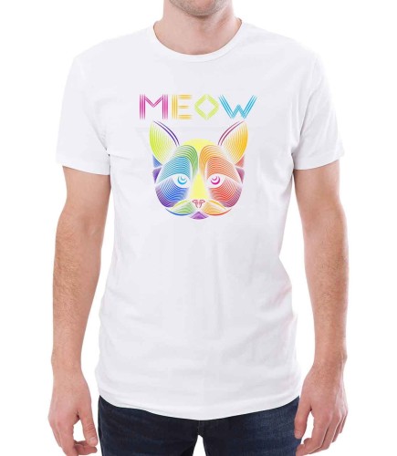 Biała koszulka męska z nadrukiem kolorowego kota