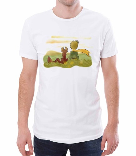 Biała koszulka męska mały książę - z nadrukiem przyjaciół chłopca i lisa