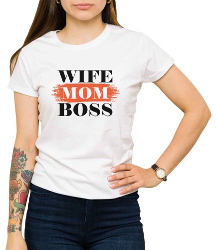 Biała koszulka damska z napisem żona, mama, szefowa.