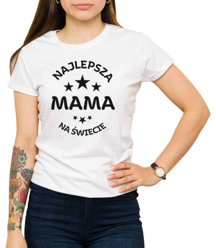 Biała koszulka dla mamy z napisem "Najlepsza mama na świecie" - T-shirt na dzień mamy, pod choinkę i na urodziny.