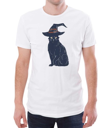 Biała koszulka męska z kotem w kapeluszu