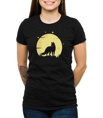 Czarna damska koszulka lis na tle księżyca