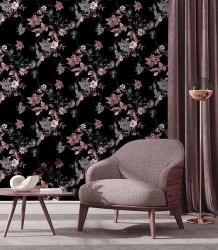 Salon z tapetą malowane liście i kwiaty