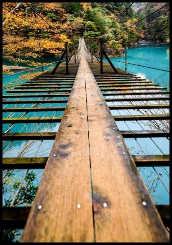 Niezwykła fotografia drewnianego mostu na tle błękitnej wody i złoto-zielonego lasu
