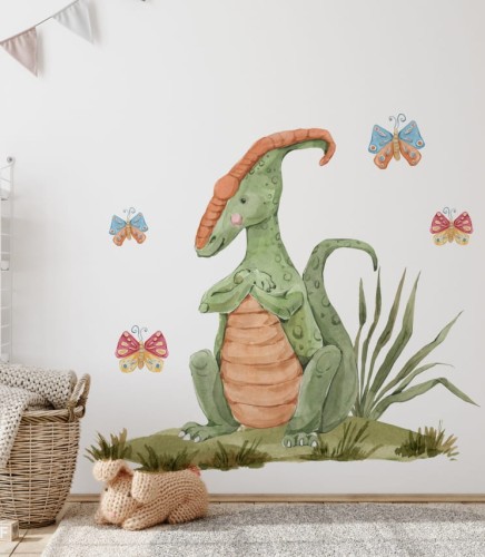 Naklejka ścienna z jasnozielonym dinozaurem parazaurolofem, który będzie pięknie się prezentował w pokoju dziecka