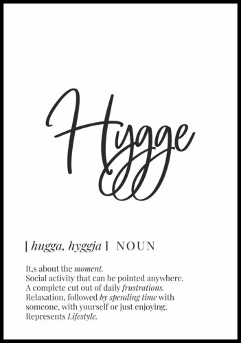 Plakat z definicją hygge - stylu życia celebrowanego przez Duńczyków