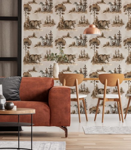 Beżowo-brązowa tapeta ze zwierzętami leśnymi - niedźwiedziem i wilkiem, idealnie pasująca do ciepłych, naturalnie urządzonych pomieszczeń