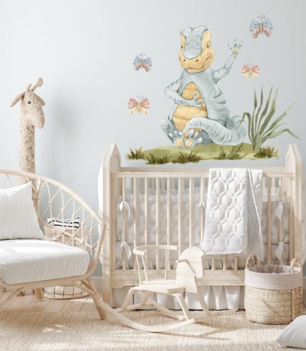 Urocza dziecięca naklejka na ścianę z zabawnym dinozuarem T-rexem w pastelowych kolorach