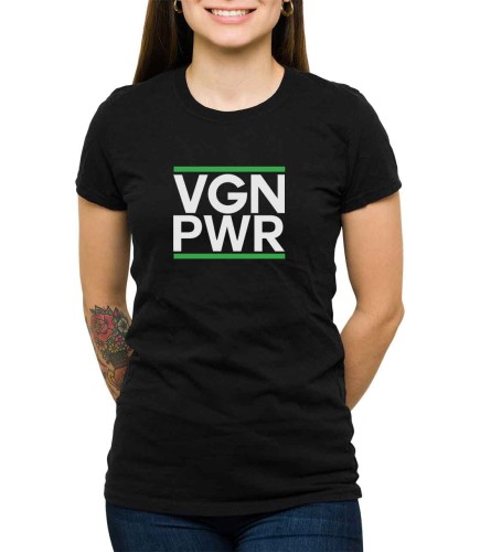 Czarny T-shirt dla weganki - z hasłem vegan power