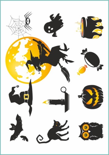 Naklejki na wodę z grafikami przedstawiającymi czarownicę na miotle, świeczkę kocioł, sowę, czarnego kota