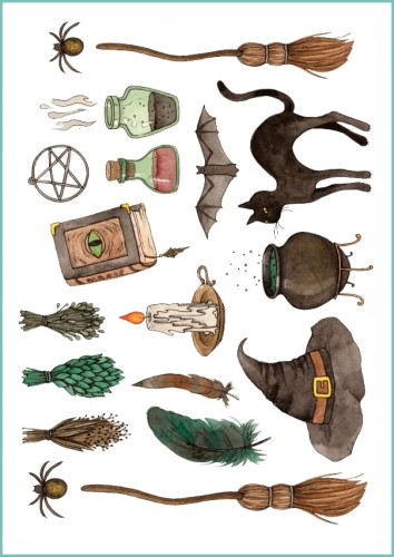 Naklejki na wodę - magiczne wzory jak malowane akwarelami. Tatuaże tymczasowe eliksiry, kociołek, czarownice, pająk, świeca, pióra, zioła