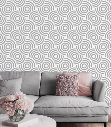 Szara tapeta ze wzorem okręgów przypominających płyty gramofonowe