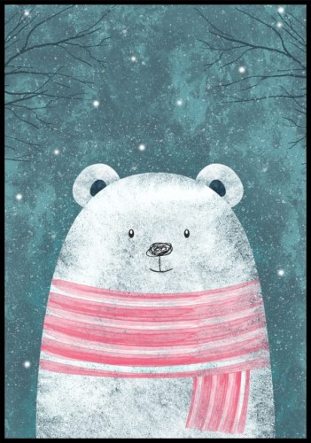 Słodki biały miś w szaliku na tle rozgwieżdżonego zimowego nieba