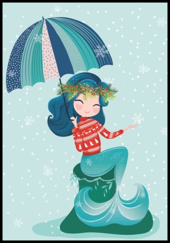 Dziecięcy obrazek na ścianę z syrenką wśród spadających płatków śniegu