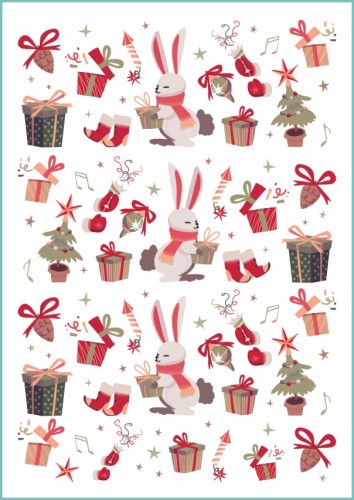 Świąteczne wzory dziecięcych naklejek na ciało: zajączek z prezentami, choinka, szyszka, rękawice św. Mikołaja, buty pani Mikołajowej