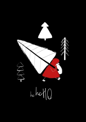 Świąteczna grafika dla dzieci ze świętym Mikołajem niosącym drzewko na święta Bożego Narodzenia