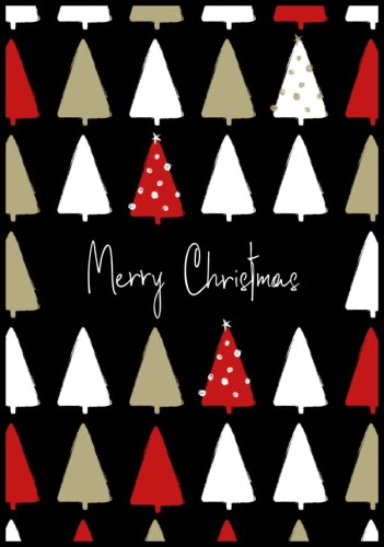 Czarny plakat z kolorowymi choinkami i napisem Merry Christmas