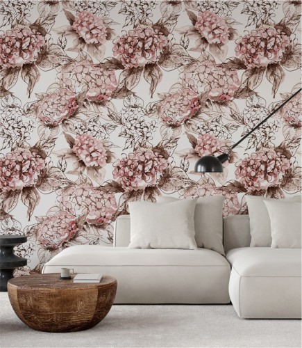 Salon z tapetą w hortensje
