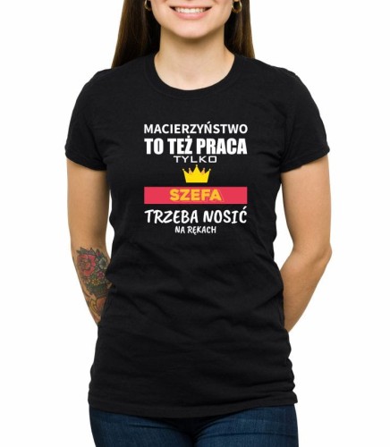 Czarna damska koszulka macierzyństwo to też praca