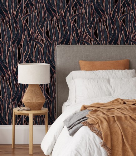 Przepiękna, oryginalna ciemna tapeta z miedzianymi akcentami w postaci konturów liści morskiej trawy