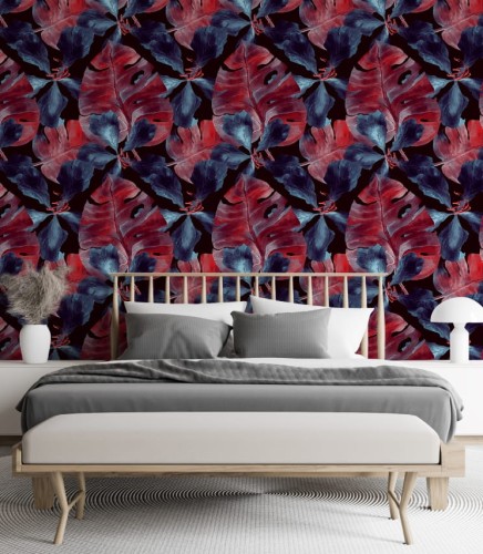 Roślinna tapeta w odważnym kolorze granatu i czerwieni