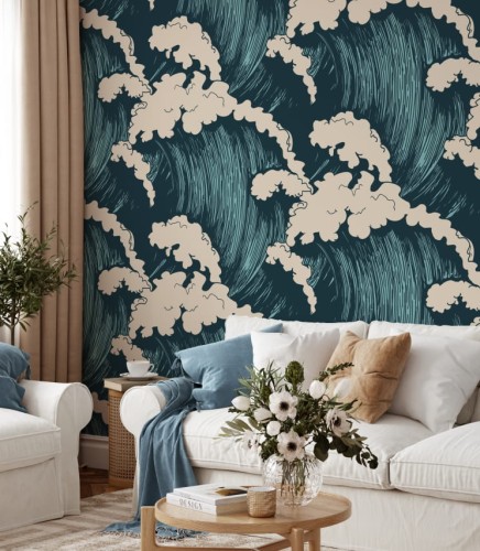 Graficzna niebieska tapeta w rysunkowe spienione fale, wzór w stylu rysunku z komiksu