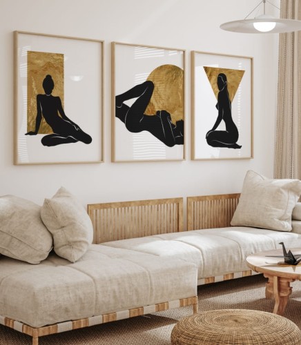 Zestaw plakatów z sylwetkami kobiet w różnych pozycjach na tle figur geometrycznych