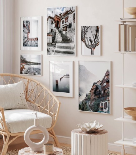 Kolekcja wyciszających plakatów w stonowanych barwach, przedstawiająca naturę i architekturę