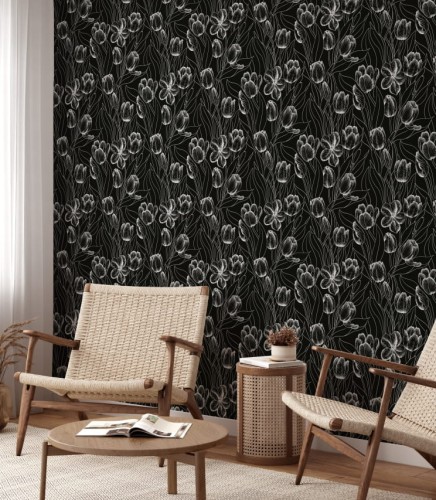 Czarna tapeta z wyrazistymi tulipanami tworząca na ścianie niezwykły monochromatyczny wzór kwiatowy